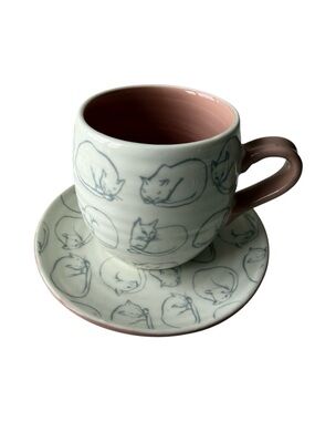 Anthropologie Cat Motif Espresso Cup and Saucer, Pink and Gray, 4.5 oz, NWT